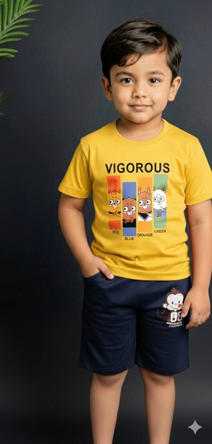 Kids Vigorous Cartoon Co-Ord Set (Yellow & Navy Blue)