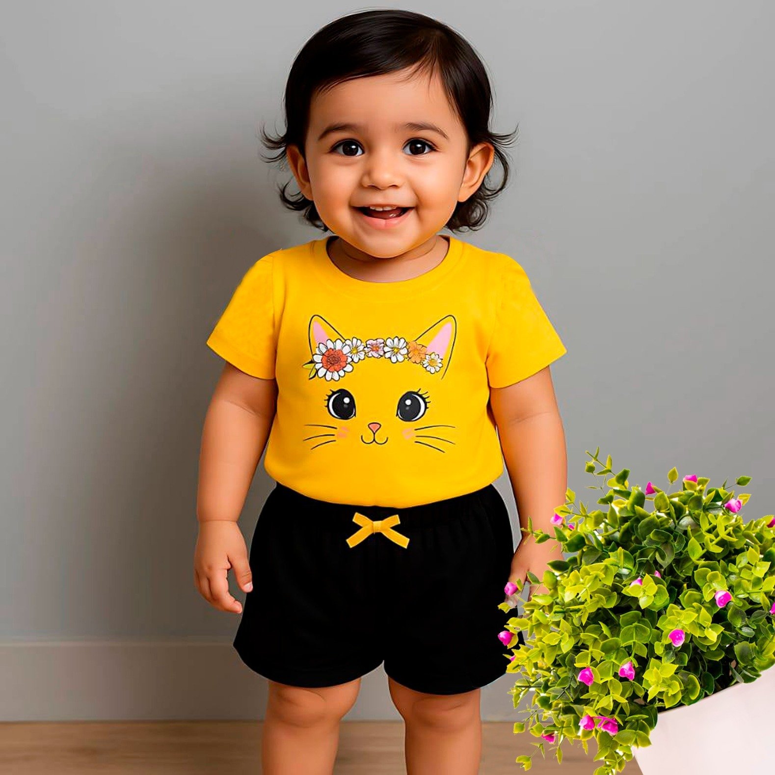 Flower Cat Baby Girl Premium Cotton T-Shirt – Yellow