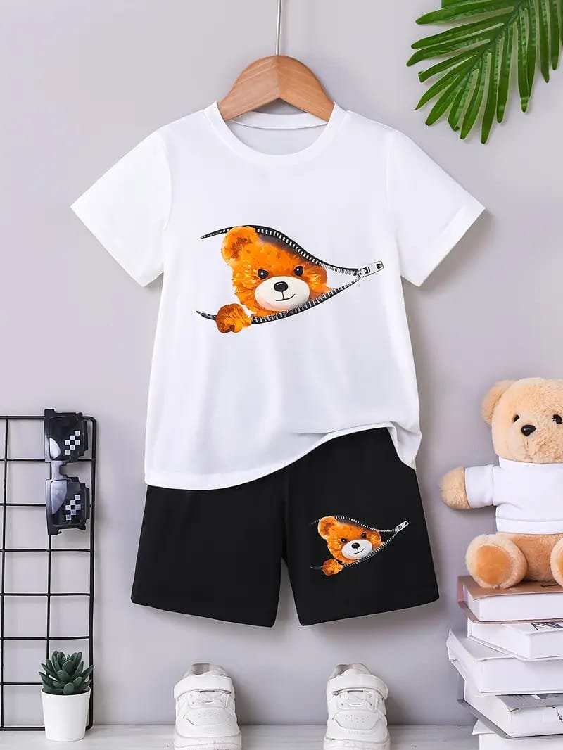 Kids Cute Zipper Bear T-Shirt & Shorts Set with Free Shoes (3-Piece Combo)